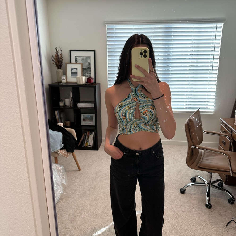 Halter Keyhole Crop Top in Blue Swirl Print